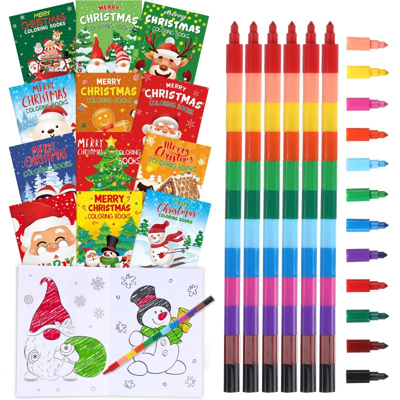 Funrous 24 Pcs Bulk Christmas Coloring Books with 24 Stackable Crayons Set Christmas Mini Coloring Books for Xmas Holiday Stocking Stuffers Activity Gifts Party FavorsVivid - Image 2