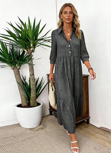 XNC Women's Striped Maxi Dresses 2026 Summer Fashion Collared Boho Dress Print 3/4 Sleeve Work Dress with Pockets Black - Image 3