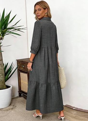 XNC Women's Striped Maxi Dresses 2026 Summer Fashion Collared Boho Dress Print 3/4 Sleeve Work Dress with Pockets Black - Image 5