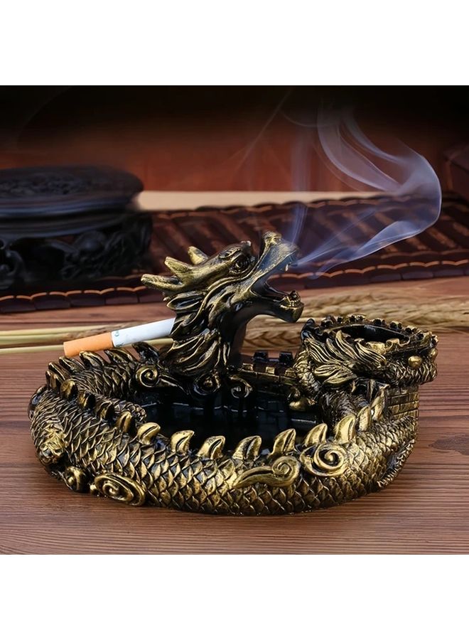 Golden Great Wall Vintage Dragon Ashtray Resin Crafted Round Shape Durable Ideal Gift for Smokers and Home Decor - Image 2