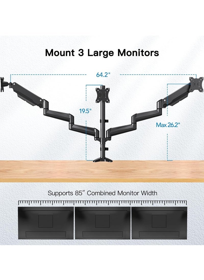 Gravity Triple Monitor Mount for 17-32 Inch Screens – Height Adjustable, 8kg Per Arm, Black Monitor Stand for Dual or Triple Display Setup - Image 3