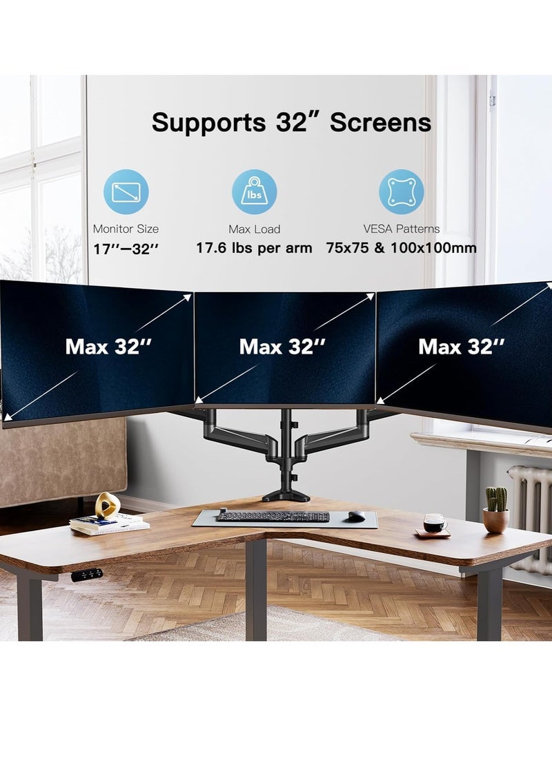 Gravity Triple Monitor Mount for 17-32 Inch Screens – Height Adjustable, 8kg Per Arm, Black Monitor Stand for Dual or Triple Display Setup - Image 2