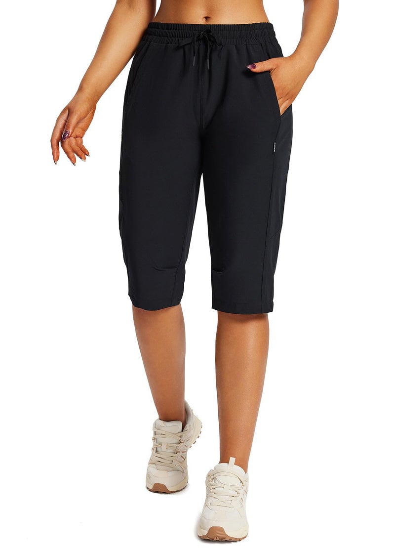 baleaf Women's 15" Long Shorts Below The Knee Capri Hiking Cargo Shorts Lightweight Quick Dry Elastic Waist for Casual Black XL - Image 1