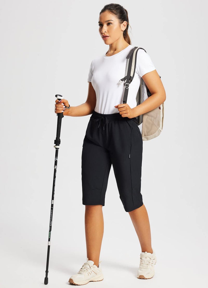 baleaf Women's 15" Long Shorts Below The Knee Capri Hiking Cargo Shorts Lightweight Quick Dry Elastic Waist for Casual Black XL - Image 3