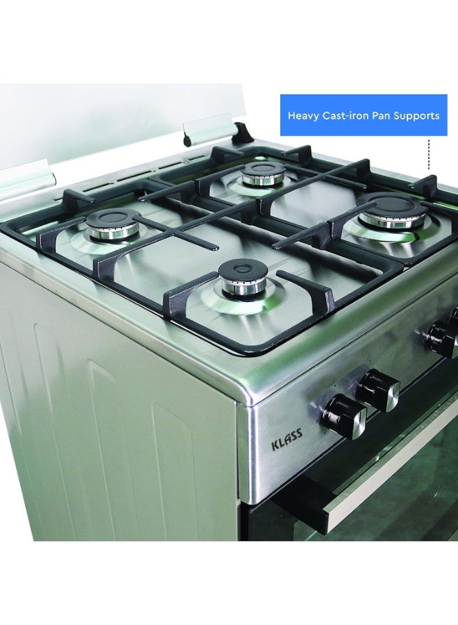 Klass 60 × 60 cm Freestanding 4-Burner Gas Cooker with Oven, Chicken Rotisserie & Auto-Ignition – Full-Safety Stainless Steel, Made in Turkey - Image 2