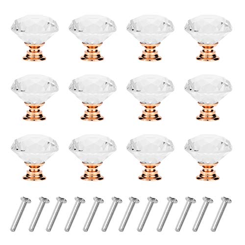 YourGift 12 Pack Drawer Knobs Diamond Shaped Crystal Glass 30mm Cabinet Knobs Pull Handles (Rose Gold) - Image 1