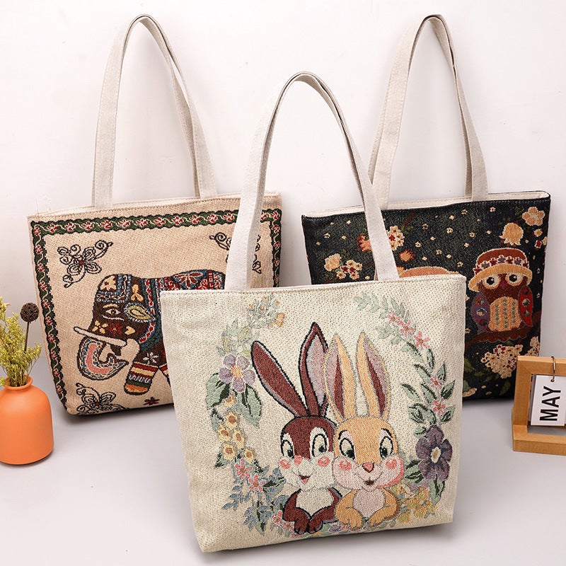 New Double-Sided Gold Jacquard Embroidered Rabbit Elephant Peacock Shoulder Bag Ethnic Style Portable Commuter Bag - Image 2
