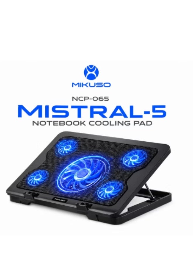 ميكوسو قاعدة تبريد Mikuso MISTRAL-5 لأجهزة الكمبيوتر المحمولة، مزودة بخمس مراوح وإضاءة LED زرقاء، وحامل قابل لتعديل الارتفاع، ومنفذي USB، وقاعدة تبريد منخفضة الضوضاء لأجهزة الكمبيوتر المحمولة حتى 17 بوصة. - Image 1