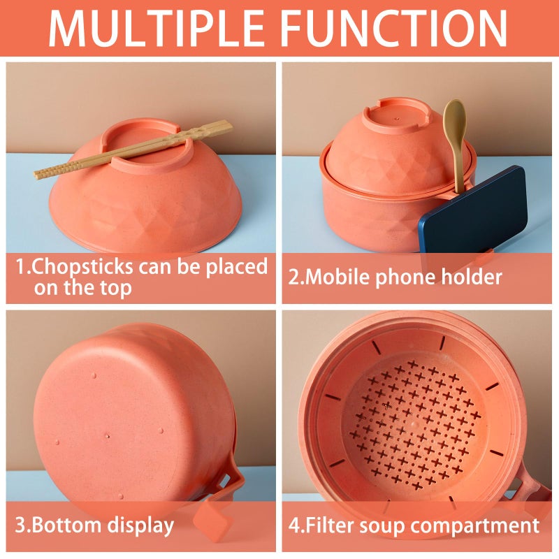 Romooa 1 Set Microwave Ramen Bowl Set 33 oz Wheat Straw Instant Ramen Cooker Set Portable Noodle Cooker with Handle Noodle Bowl with Spoon Chopsticks Fork College Dorm Room (Orange) - Image 3