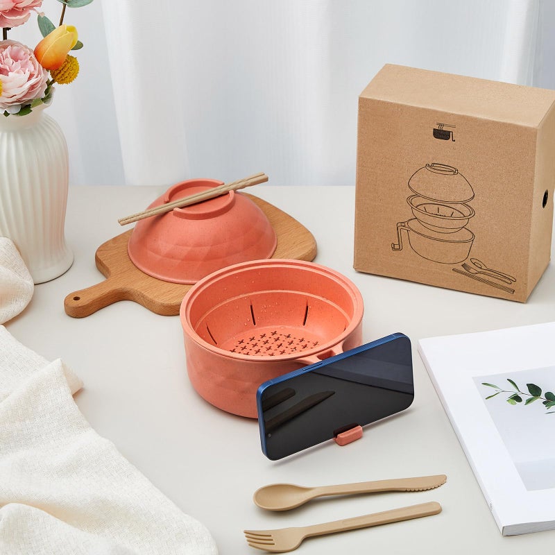 Romooa 1 Set Microwave Ramen Bowl Set 33 oz Wheat Straw Instant Ramen Cooker Set Portable Noodle Cooker with Handle Noodle Bowl with Spoon Chopsticks Fork College Dorm Room (Orange) - Image 5