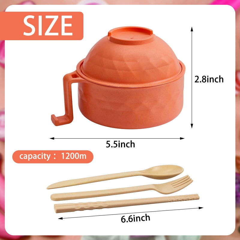 Romooa 1 Set Microwave Ramen Bowl Set 33 oz Wheat Straw Instant Ramen Cooker Set Portable Noodle Cooker with Handle Noodle Bowl with Spoon Chopsticks Fork College Dorm Room (Orange) - Image 2