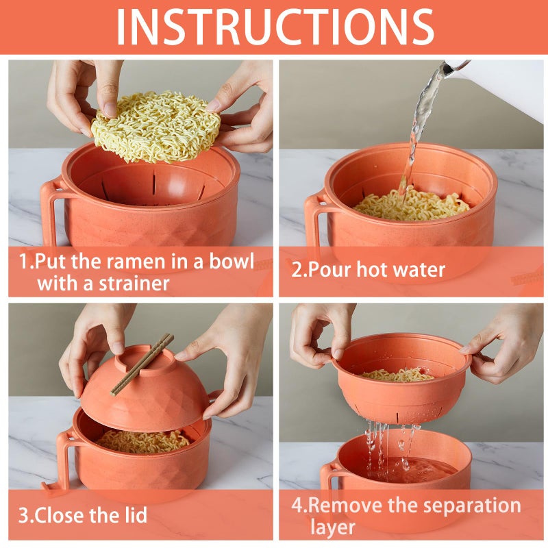 Romooa 1 Set Microwave Ramen Bowl Set 33 oz Wheat Straw Instant Ramen Cooker Set Portable Noodle Cooker with Handle Noodle Bowl with Spoon Chopsticks Fork College Dorm Room (Orange) - Image 4
