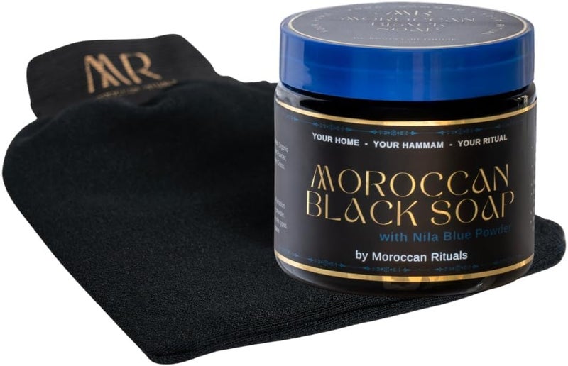 Authentic Moroccan Black Beldi Soap Exfoliating Kessa Glove Traditional Hammam Body Scrub 100 Natural Made in Morocco Blue Nila 200g