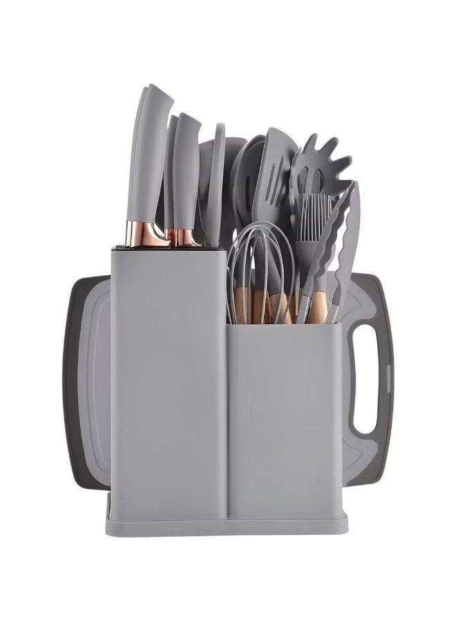 Dreamzon 19-Piece Silicone Kitchen Utensil and Knife Set with Wood Handles, Cutting Board, and Dual-Compartment Storage Block Multicolor - Image 3