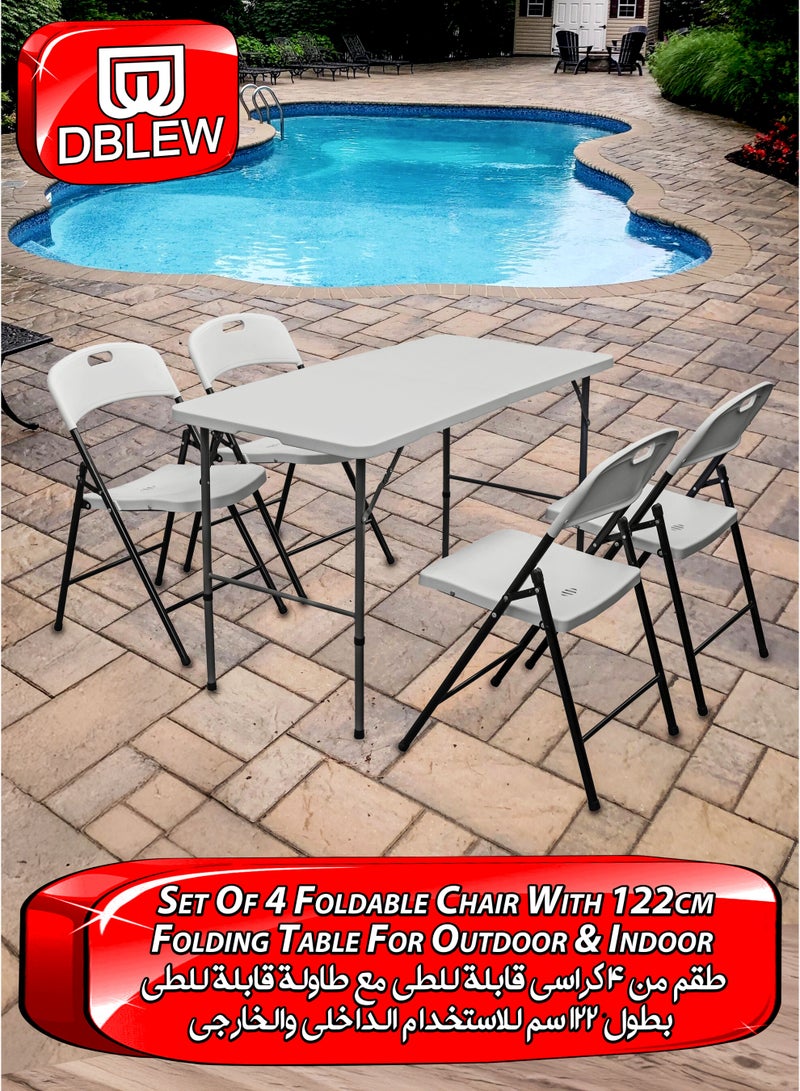DBLEW Multipurpose Rectangle 122cm Folding Table with 4 Foldable Chairs  Portable 5 Piece Set Heavy-Duty Plastic Tabletop with Aluminum Frame & Ergonomic Folding Chairs for Home Bedroom Living Room, Balcony, Office, Laptop, Computer, School Classroom Student Study, Dining, Outdoor Picnics, Fishing, Camping, BBQ, Garden, Patio, Hiking, Conference Rooms & Events Compact, Lightweight and Easy to Store Collapsible Desk Stool Bench - Image 1