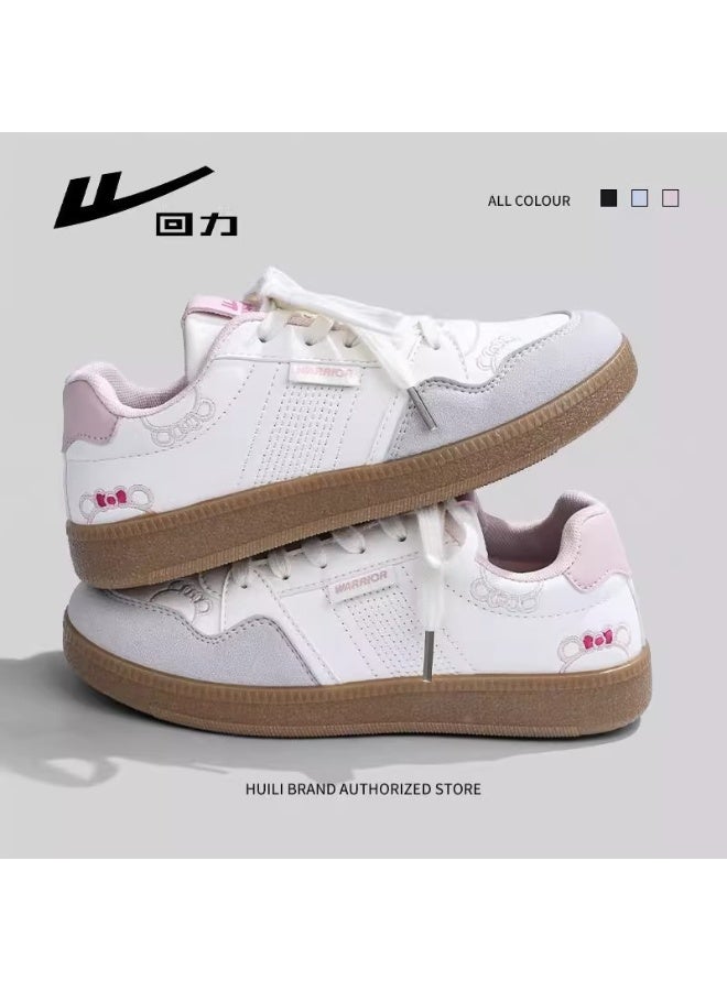 Warrior Cartoon Embroidered Sneakers for Women - Pink White Casual Shoes, Retro Gum Sole, Trendy Footwear