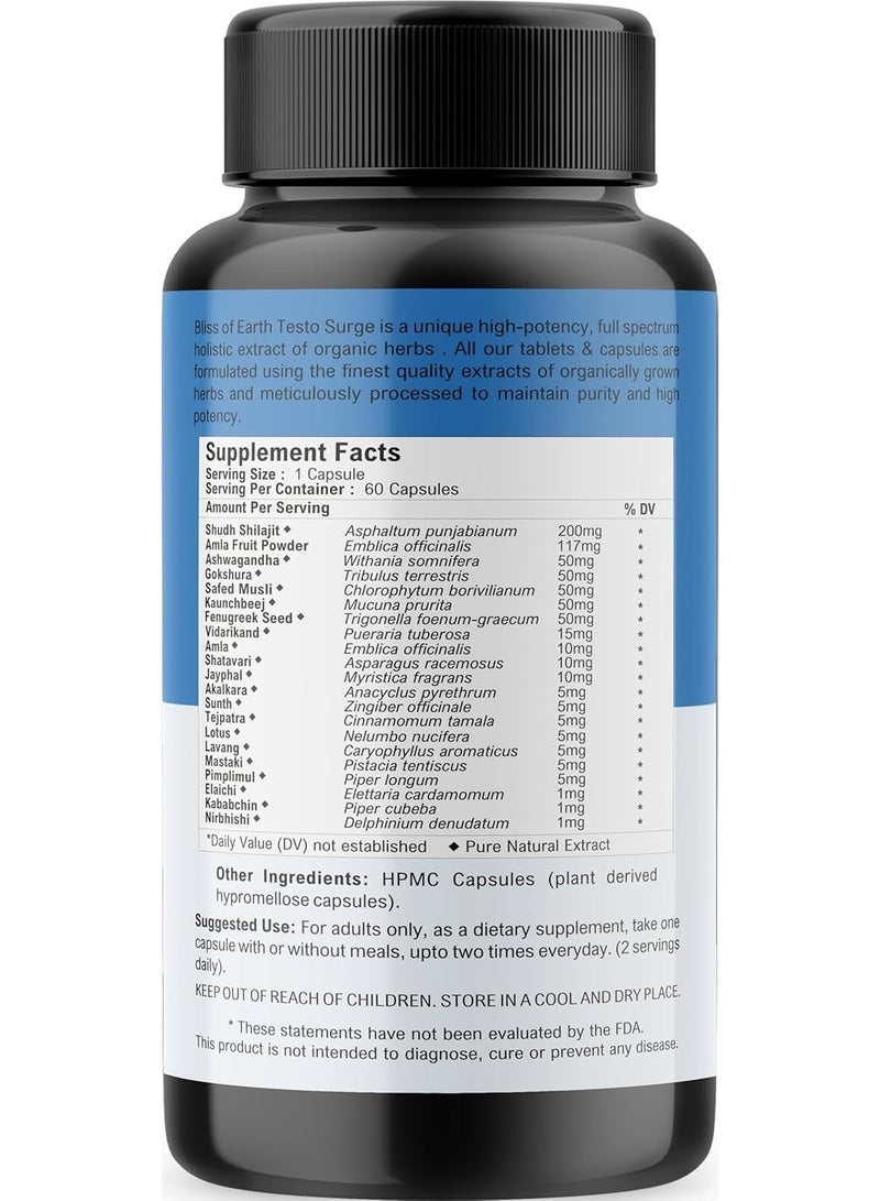 Bliss of Earth Testo Surge Testosterone Booster For Men 650mg Herbal Extract Capsules, Men's Vitality & Performance Support, Natural Testosterone Support Formula, Immune & Strength Support, 2X60 Capsules - Image 5