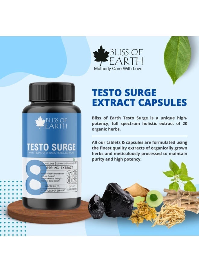 Bliss of Earth Testo Surge Testosterone Booster For Men 650mg Herbal Extract Capsules, Men's Vitality & Performance Support, Natural Testosterone Support Formula, Immune & Strength Support, 2X60 Capsules - Image 3