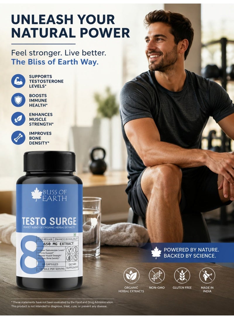 Bliss of Earth Testo Surge Testosterone Booster For Men 650mg Herbal Extract Capsules, Men's Vitality & Performance Support, Natural Testosterone Support Formula, Immune & Strength Support, 2X60 Capsules - Image 2