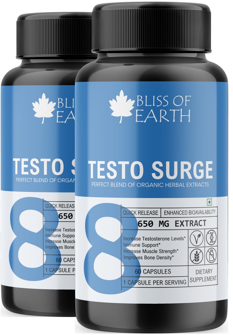 Bliss of Earth Testo Surge Testosterone Booster For Men 650mg Herbal Extract Capsules, Men's Vitality & Performance Support, Natural Testosterone Support Formula, Immune & Strength Support, 2X60 Capsules - Image 1