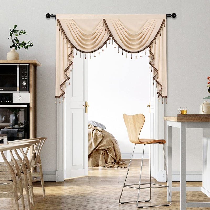 ELKCA Thick Chenille Window Curtains Valance for Living Room  Beige Valance with Beads for Bedroom Rod Pocket (W59inch 1 Panel) - Image 1