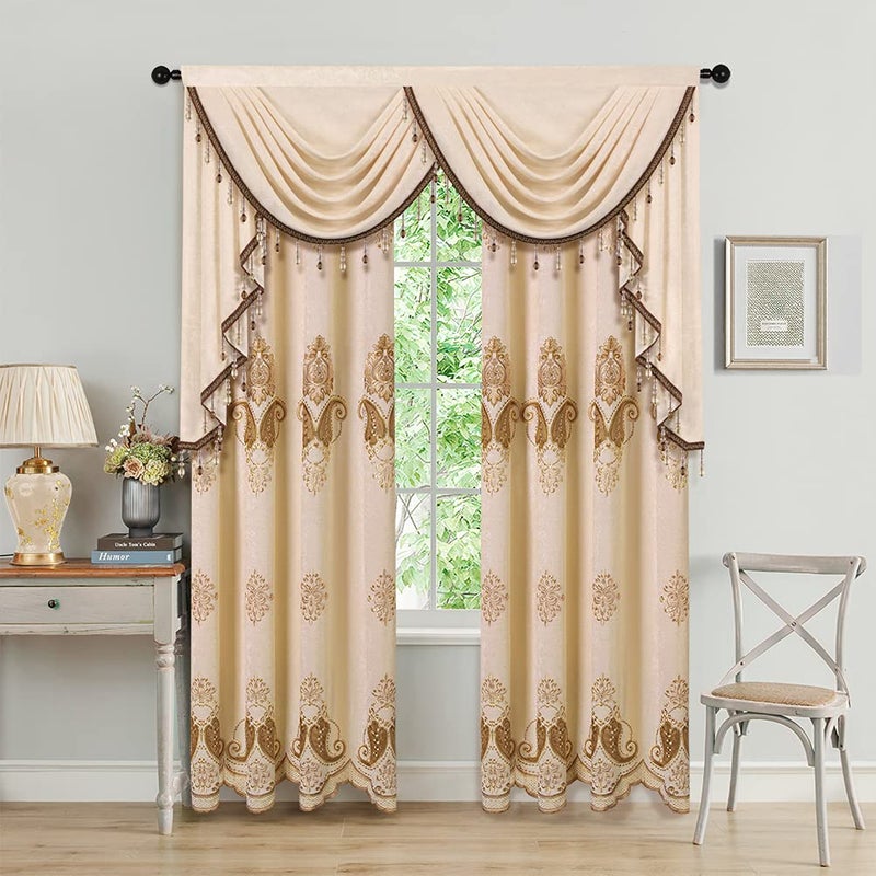 ELKCA Thick Chenille Window Curtains Valance for Living Room  Beige Valance with Beads for Bedroom Rod Pocket (W59inch 1 Panel) - Image 2