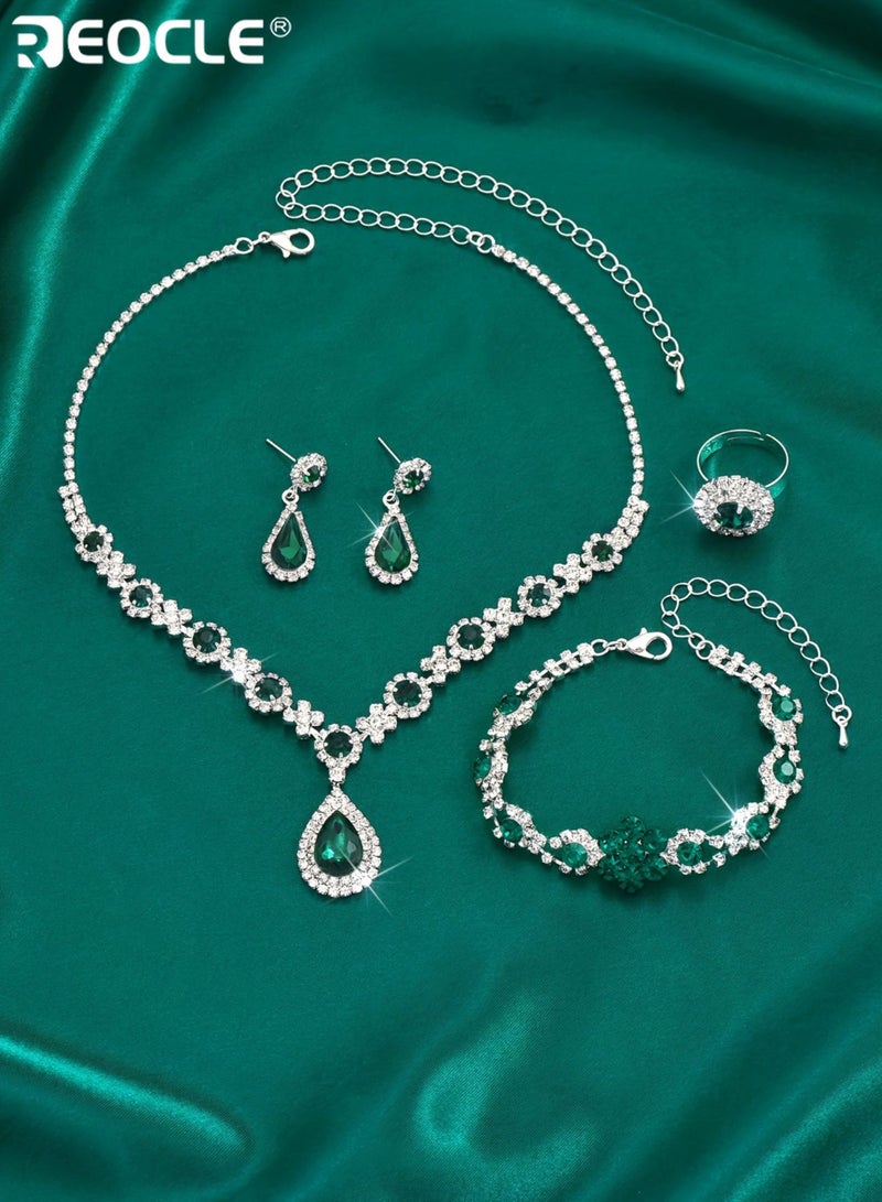ريوكل طقم مجوهرات نسائي من 4 قطع مرصع بالأحجار الكريمة الاصطناعية، مع قلادة على شكل دمعة وإكسسوارات متناسقة، مجموعة مجوهرات فاخرة لحفلات الزفاف. - Image 4
