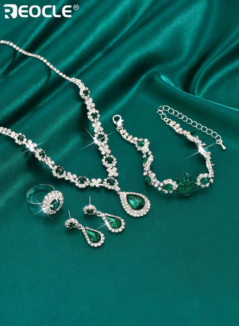 ريوكل طقم مجوهرات نسائي من 4 قطع مرصع بالأحجار الكريمة الاصطناعية، مع قلادة على شكل دمعة وإكسسوارات متناسقة، مجموعة مجوهرات فاخرة لحفلات الزفاف. - Image 5