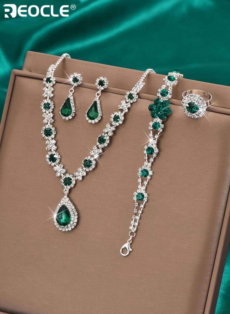 ريوكل طقم مجوهرات نسائي من 4 قطع مرصع بالأحجار الكريمة الاصطناعية، مع قلادة على شكل دمعة وإكسسوارات متناسقة، مجموعة مجوهرات فاخرة لحفلات الزفاف. - Image 3