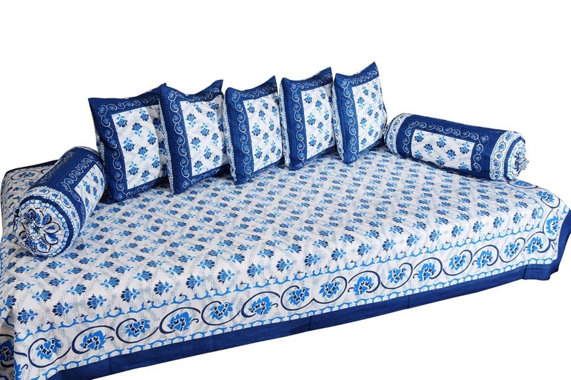 SkyKross - Everyday A New Thing SkyKross Everyday A New Thing Special Floral Printed Pure Soft Cotton Diwan Cover Set 8 Pcs Set 5 Cushion Cover2 Bolster Cover1 Bedsheet Blue - Image 5