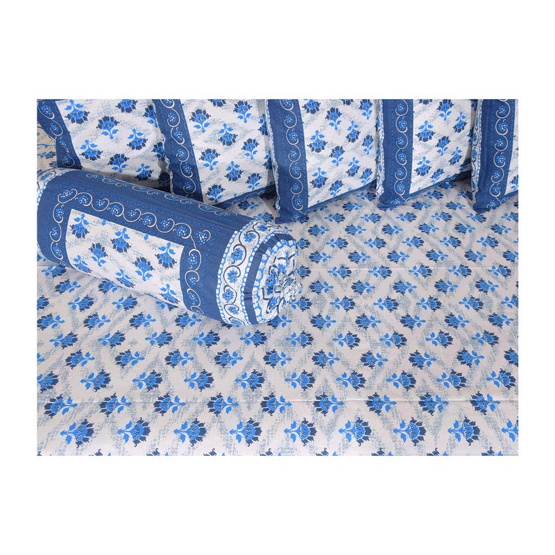 SkyKross - Everyday A New Thing SkyKross Everyday A New Thing Special Floral Printed Pure Soft Cotton Diwan Cover Set 8 Pcs Set 5 Cushion Cover2 Bolster Cover1 Bedsheet Blue - Image 2