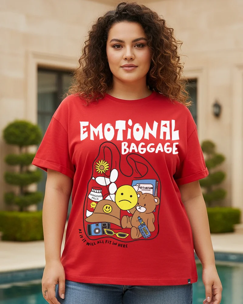 bewakoof Women's Bold Red Emotional Baggage Graphic Printed Boyfriend Plus Size T-shirt