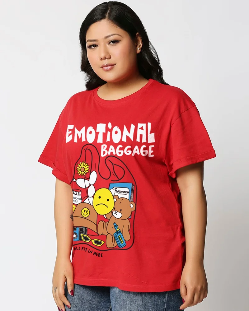بيواكوف Women's Bold Red Emotional Baggage Graphic Printed Boyfriend Plus Size T-shirt