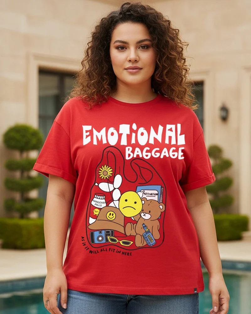 بيواكوف Women's Bold Red Emotional Baggage Graphic Printed Boyfriend Plus Size T-shirt