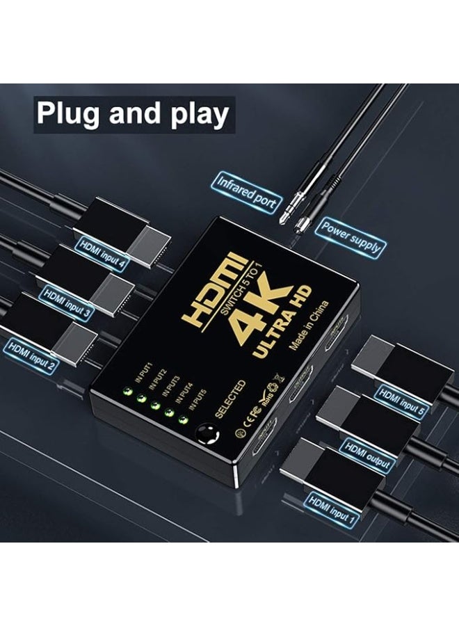 Terabyte مفتاح HDMI 5 في 1 خارج، محول HDMI 4K 5x1 مع جهاز تحكم عن بعد IR، محدد HDMI تلقائي يدعم HD 1080P 4Kx2K 3D HDCP 1.4 متوافق مع Xbox PS4 التلفاز مشغل Blu-Ray - (غلاف بلاستيكي) - Image 2