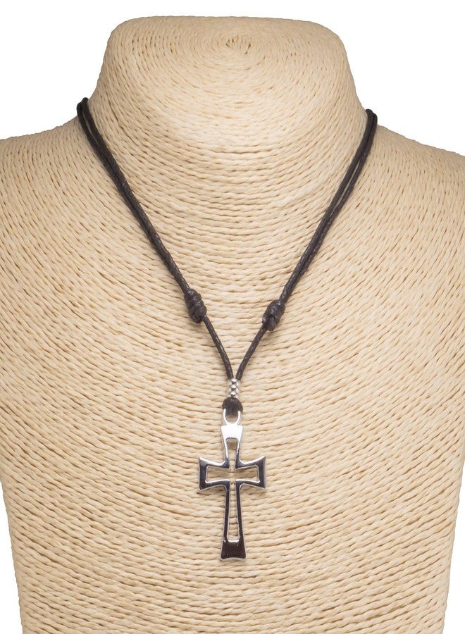 BlueRica Cross on Adjustable Black Cord Necklace (Chrome Finish) - Image 2