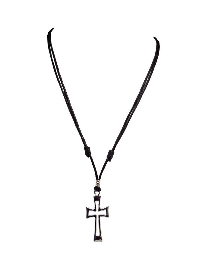BlueRica Cross on Adjustable Black Cord Necklace (Chrome Finish) - Image 1