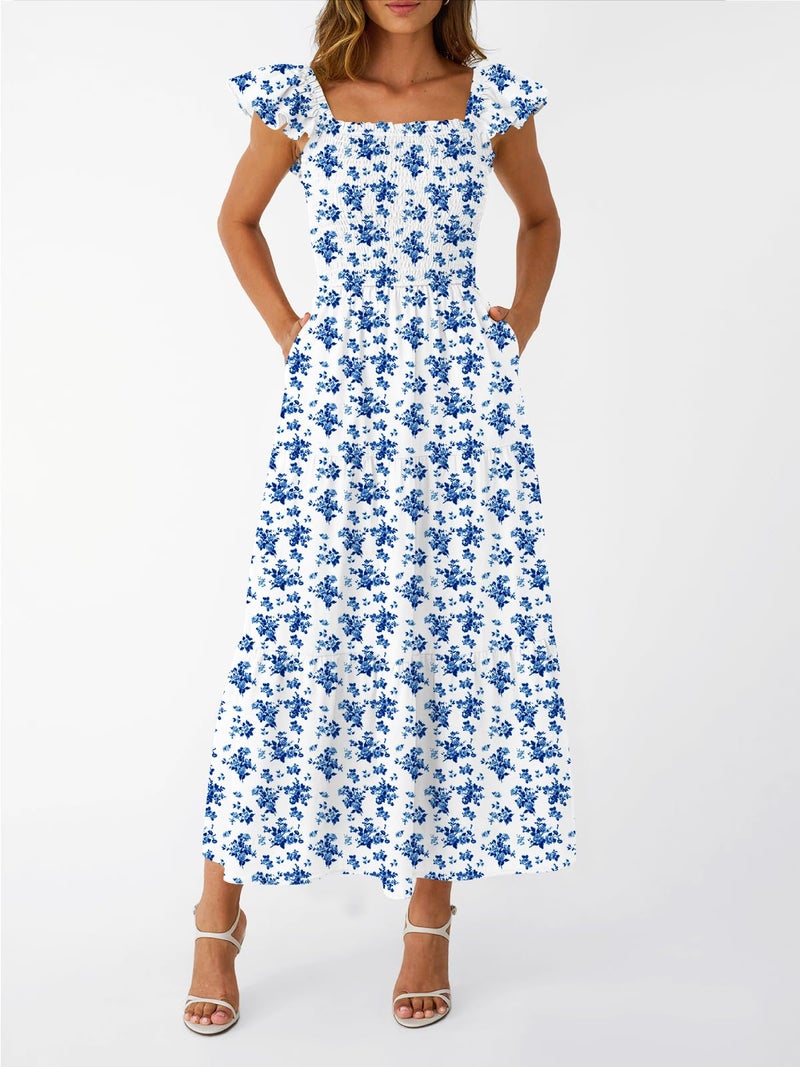 LILLUSORY Womens Spring Dress 2026 Summer Maxi Easter Sundress Sun Boho Vintage Baby Shower Square Neck Beach Vacation Cute Ruffle Smocked Teen Casual WhiteBlue Floral M - Image 3