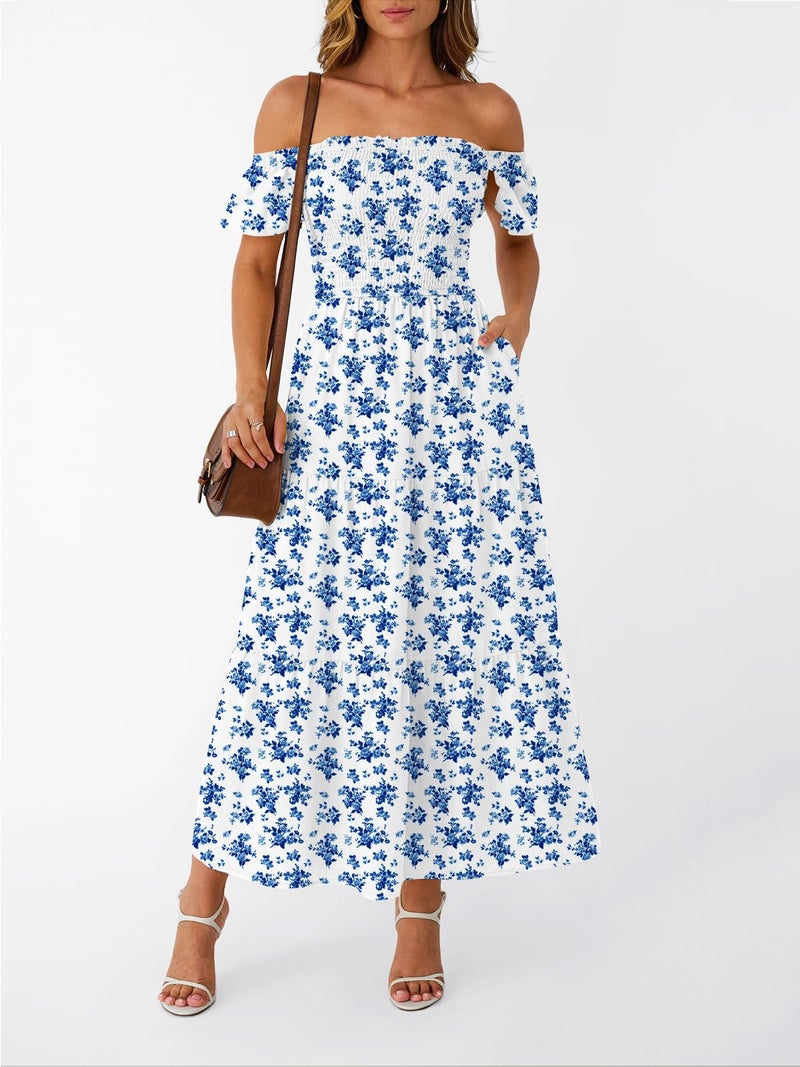 LILLUSORY Womens Spring Dress 2026 Summer Maxi Easter Sundress Sun Boho Vintage Baby Shower Square Neck Beach Vacation Cute Ruffle Smocked Teen Casual WhiteBlue Floral M - Image 2
