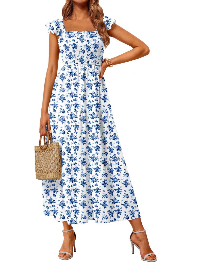 LILLUSORY Womens Spring Dress 2026 Summer Maxi Easter Sundress Sun Boho Vintage Baby Shower Square Neck Beach Vacation Cute Ruffle Smocked Teen Casual WhiteBlue Floral M - Image 1
