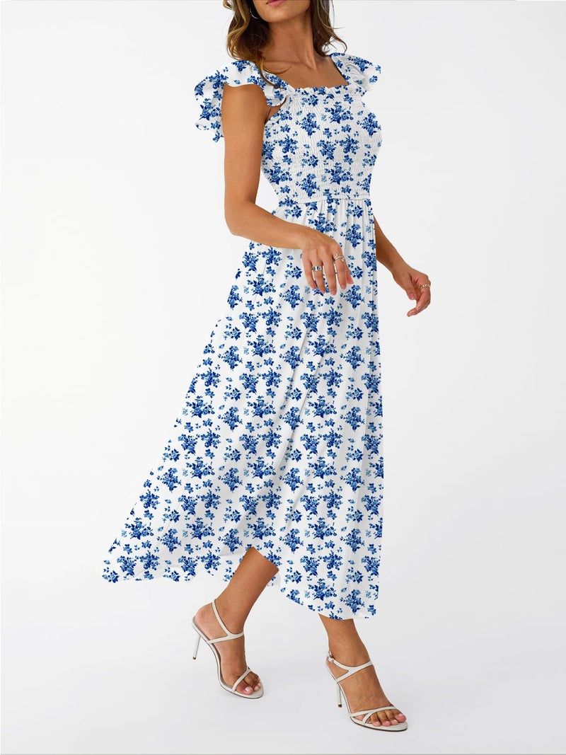 LILLUSORY Womens Spring Dress 2026 Summer Maxi Easter Sundress Sun Boho Vintage Baby Shower Square Neck Beach Vacation Cute Ruffle Smocked Teen Casual WhiteBlue Floral M - Image 4