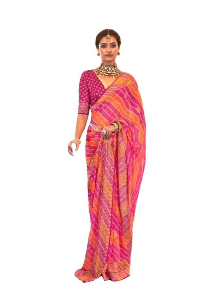Grab Mantra Beautiful Georgette Pink And Orange Lahariya Design Foil Print Saree With Unstitched Blouse  - Image 1