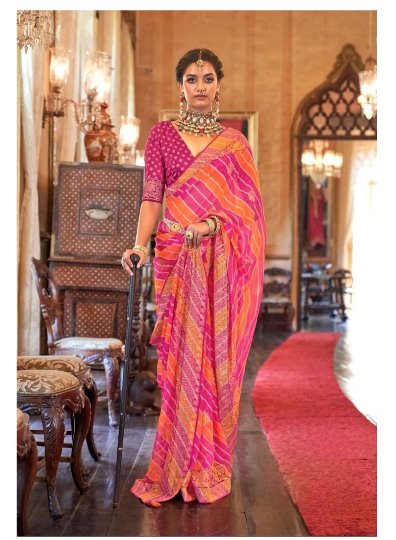 Grab Mantra Beautiful Georgette Pink And Orange Lahariya Design Foil Print Saree With Unstitched Blouse  - Image 2