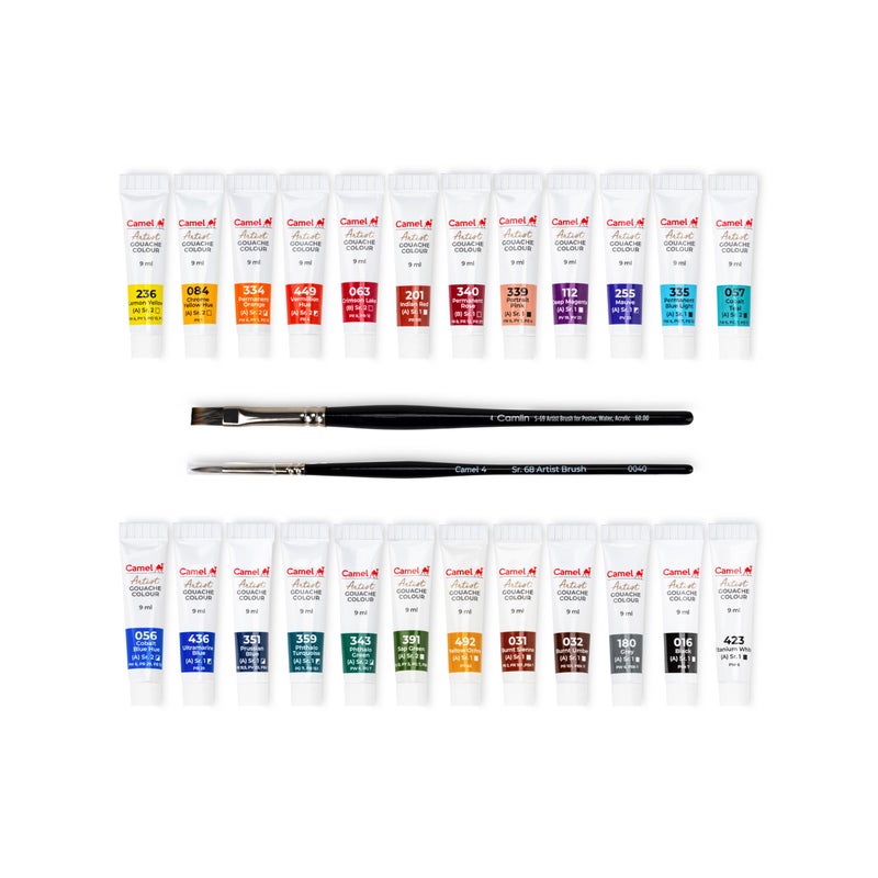 Camel Artist Gouache Colours Assorted Pack of 24 Shades, 9ml Each with 2 Artist Brushes - Image 3