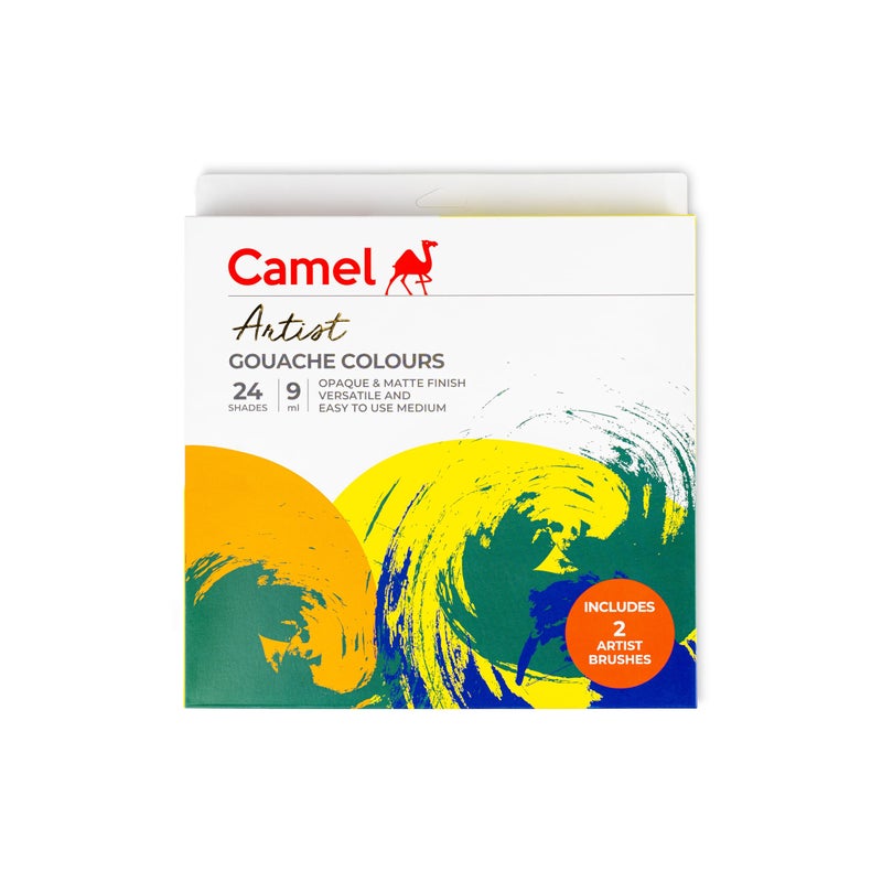 Camel Artist Gouache Colours Assorted Pack of 24 Shades, 9ml Each with 2 Artist Brushes - Image 1