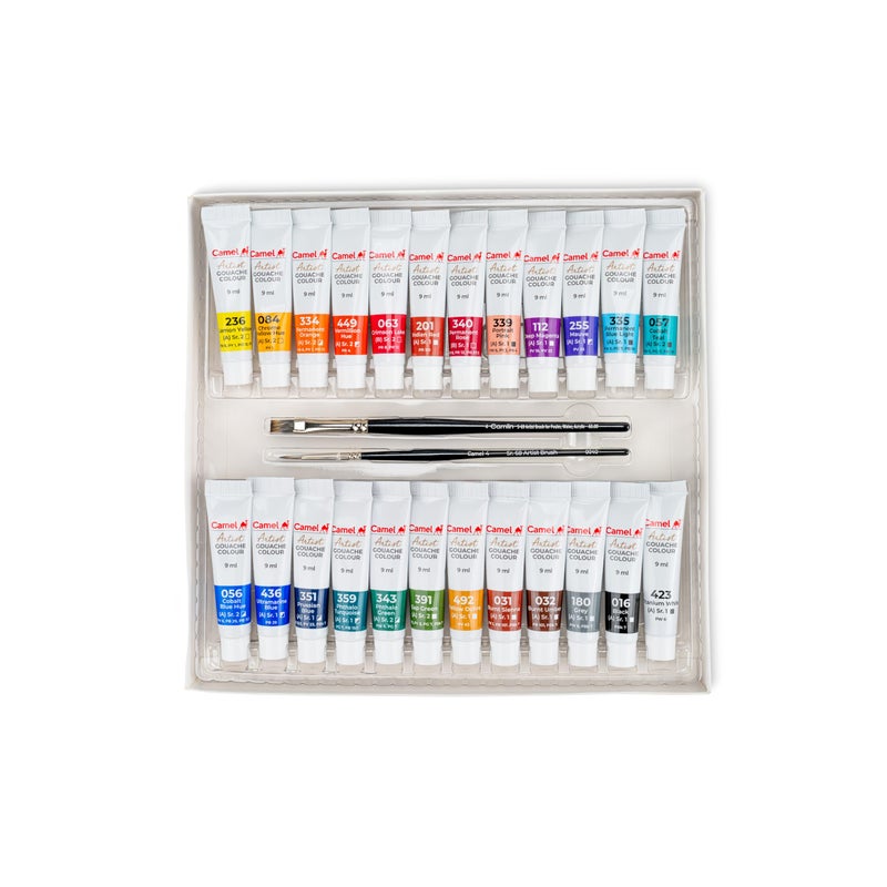 Camel Artist Gouache Colours Assorted Pack of 24 Shades, 9ml Each with 2 Artist Brushes - Image 2