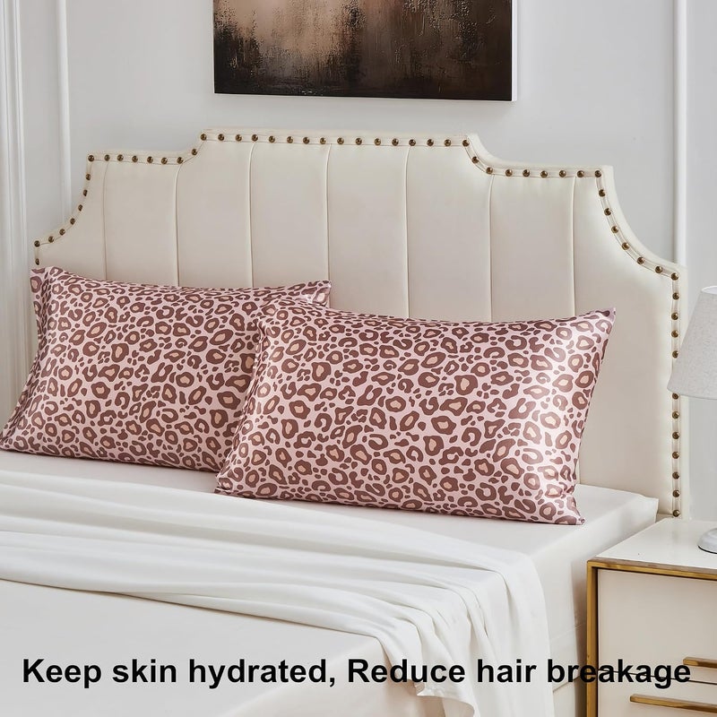 URLINENS غطاء وسادة من الساتان للشعر والبشرة، مجموعة نوم من حرير نباتي ناعم وبارد - 2 غطاء وسادة من الساتان مقاس كوين، 1 قناع عين، 1 ربطة شعر، مجموعة روتين ليلي أساسية للعناية الذاتية، نمط النمر الوردي - Image 2