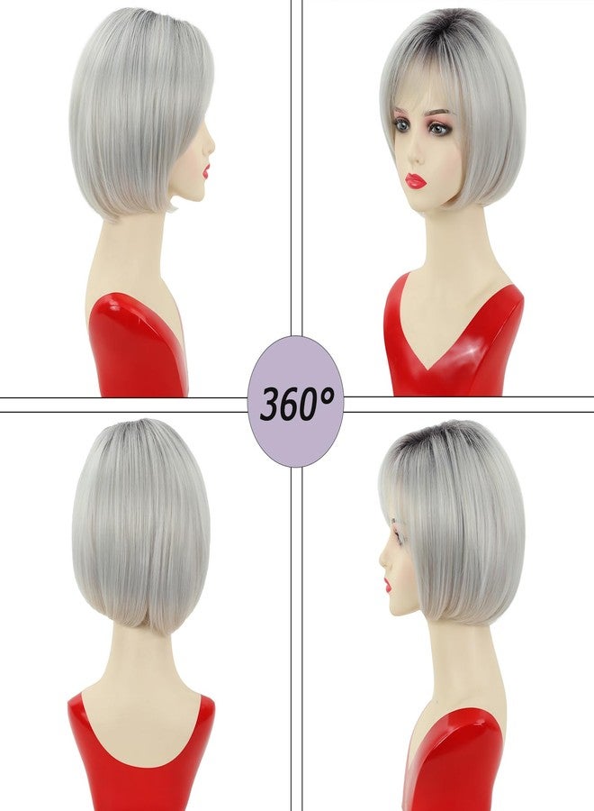 TISHINING Short White Blonde Bob Wig with Bangs for White Women Ombre Blonde Layered Straight Synthetic Hair Wig with Dark Roots Natural Chin Length Bob Wigs for Daily Party Use(10 Inch) - Image 3
