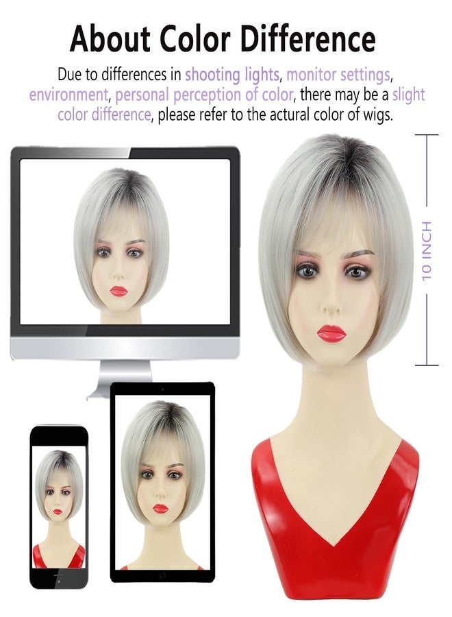 TISHINING Short White Blonde Bob Wig with Bangs for White Women Ombre Blonde Layered Straight Synthetic Hair Wig with Dark Roots Natural Chin Length Bob Wigs for Daily Party Use(10 Inch) - Image 5