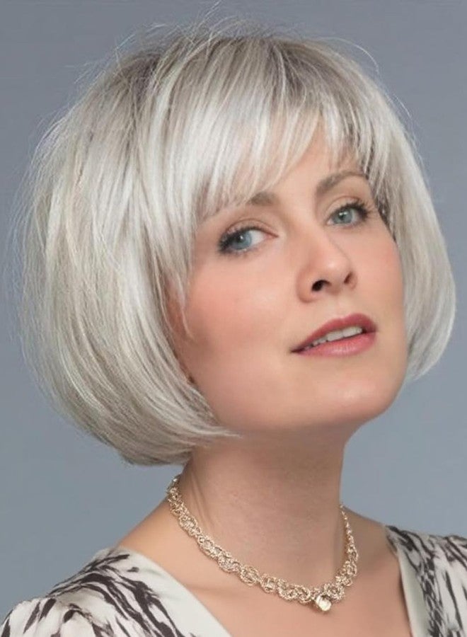 TISHINING Short White Blonde Bob Wig with Bangs for White Women Ombre Blonde Layered Straight Synthetic Hair Wig with Dark Roots Natural Chin Length Bob Wigs for Daily Party Use(10 Inch) - Image 1